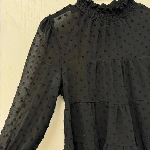 Black High Collar Blouse Sheer Sleeves Business Casual Size M Monteau - Picture 8 of 8